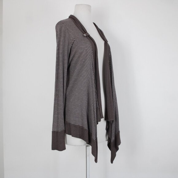 Splendid Sz L Brown Gray Striped Asymmetrical Rayon Linen Poly Wrap Sweater - Picture 4 of 11